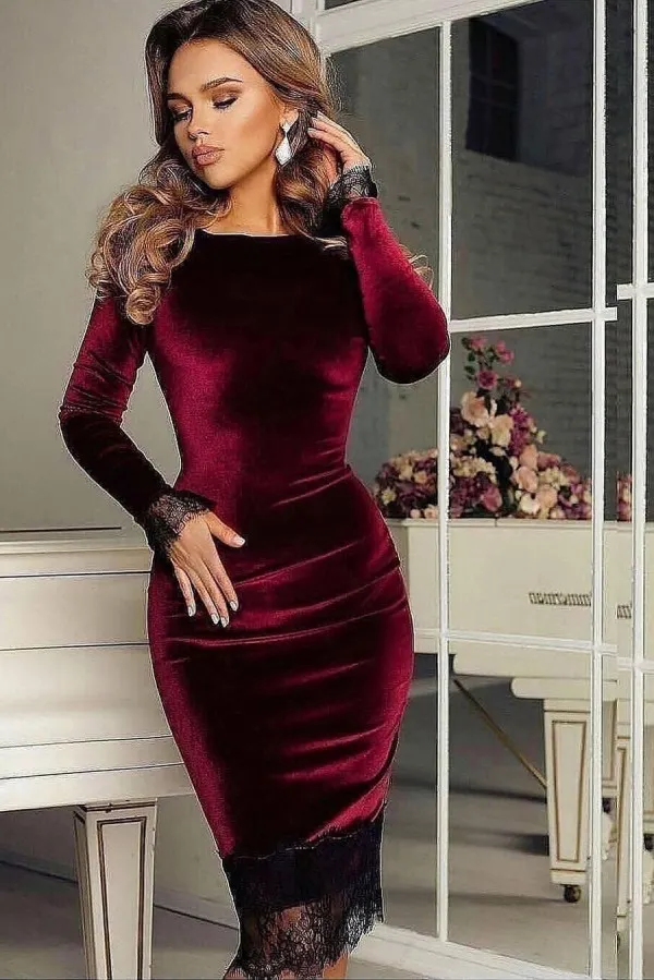 Mermaid Bateau Neck Long Sleeves Knee-length Velvet Cocktail Party Dress With Lace 1
