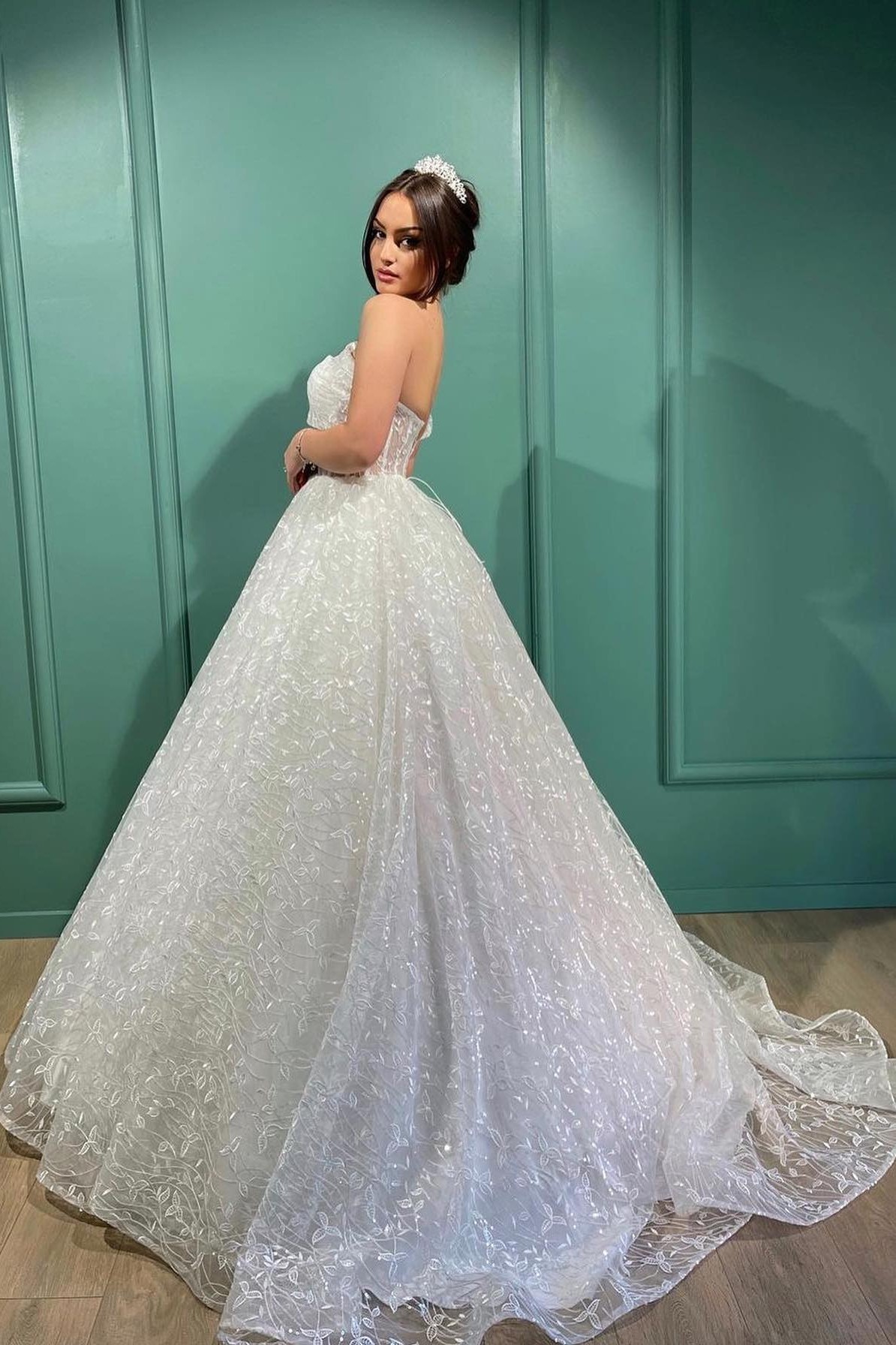 Ball Gown One Shoulder Cap Sleeves Sweep / Brush Train Lace Wedding Gown With Embroidery 2