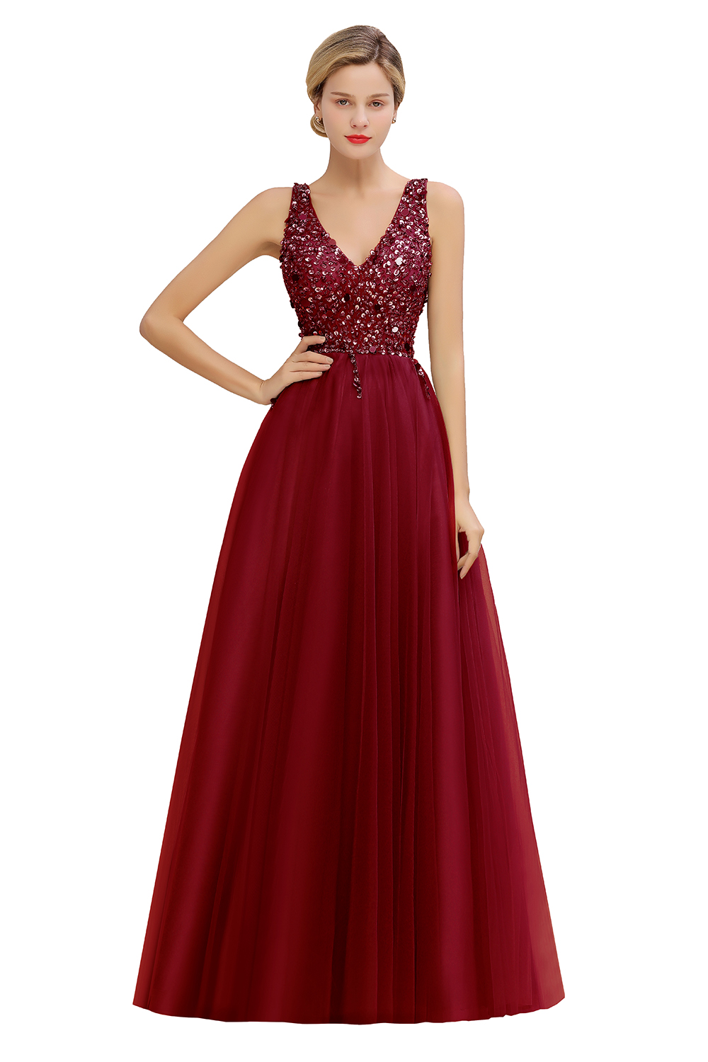 A-line V-neck Sleeveless Floor-length Tulle Evening Gown With Beading 7
