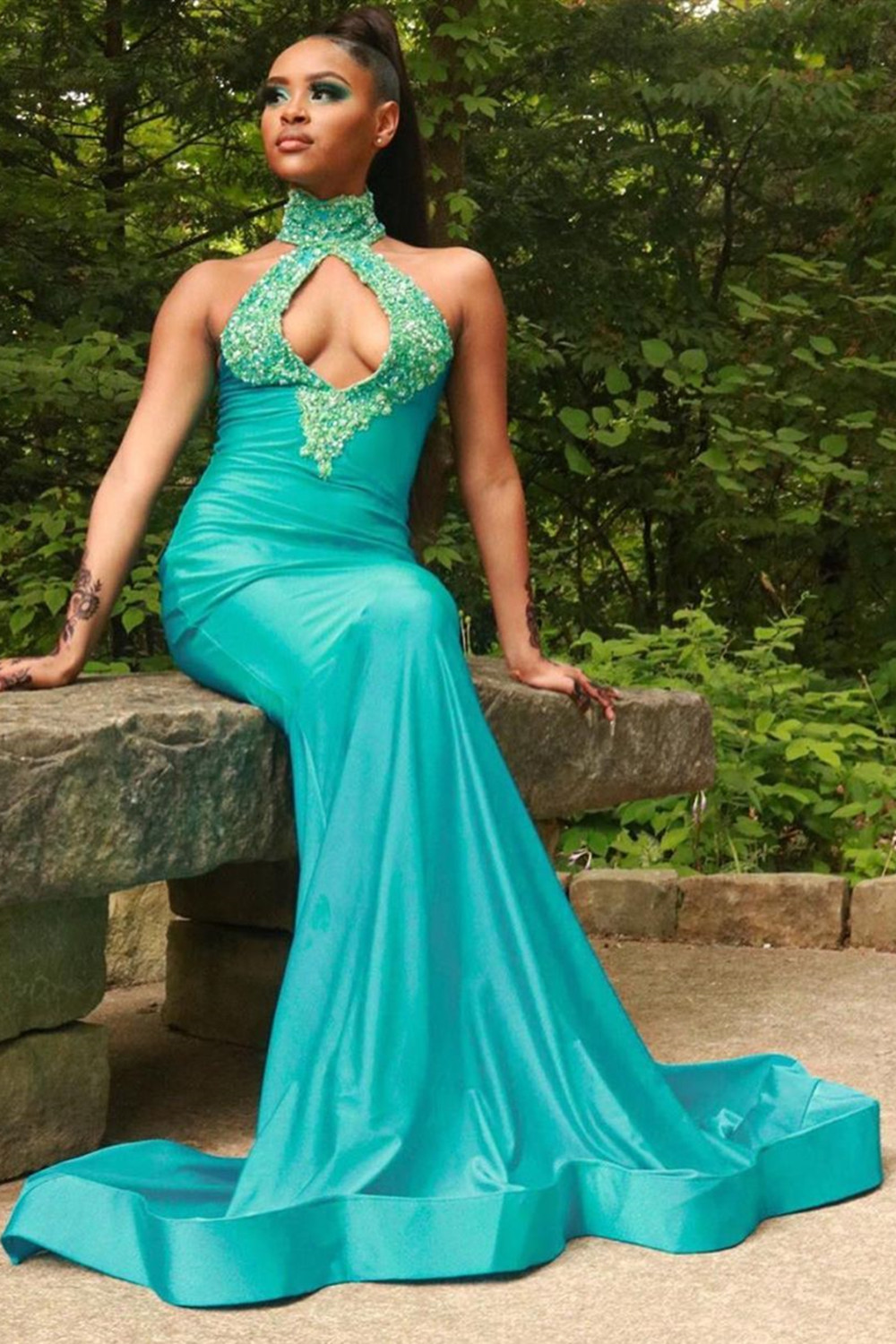 Mermaid Halter-neck Sleeveless Sweep / Brush Train Stretch Satin Formal Wear With Hollowout 3