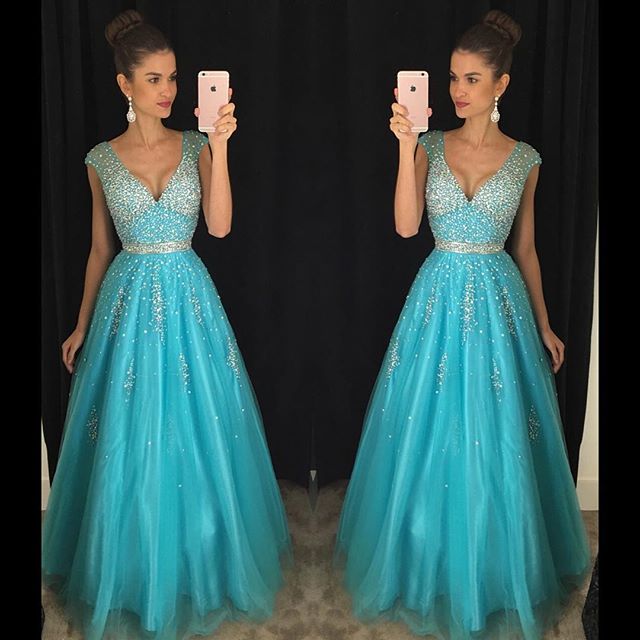 A-line V-neck Sleeveless Floor-length Tulle Formal Wear With Beading 2