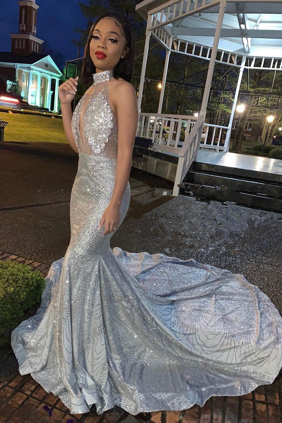 Mermaid Halter-neck Sleeveless Floor-length Evening Gown With Sequins 3