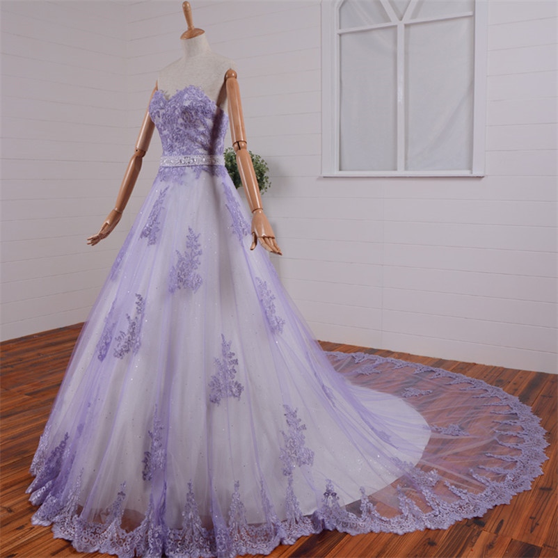 A-line Sweetheart Neck Sleeveless Court Train Bridal Dress With Lace 2