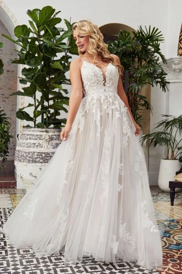 A-line Plunging Neckline Sleeveless Sweep / Brush Train Lace Bridal Gown With Lace 1