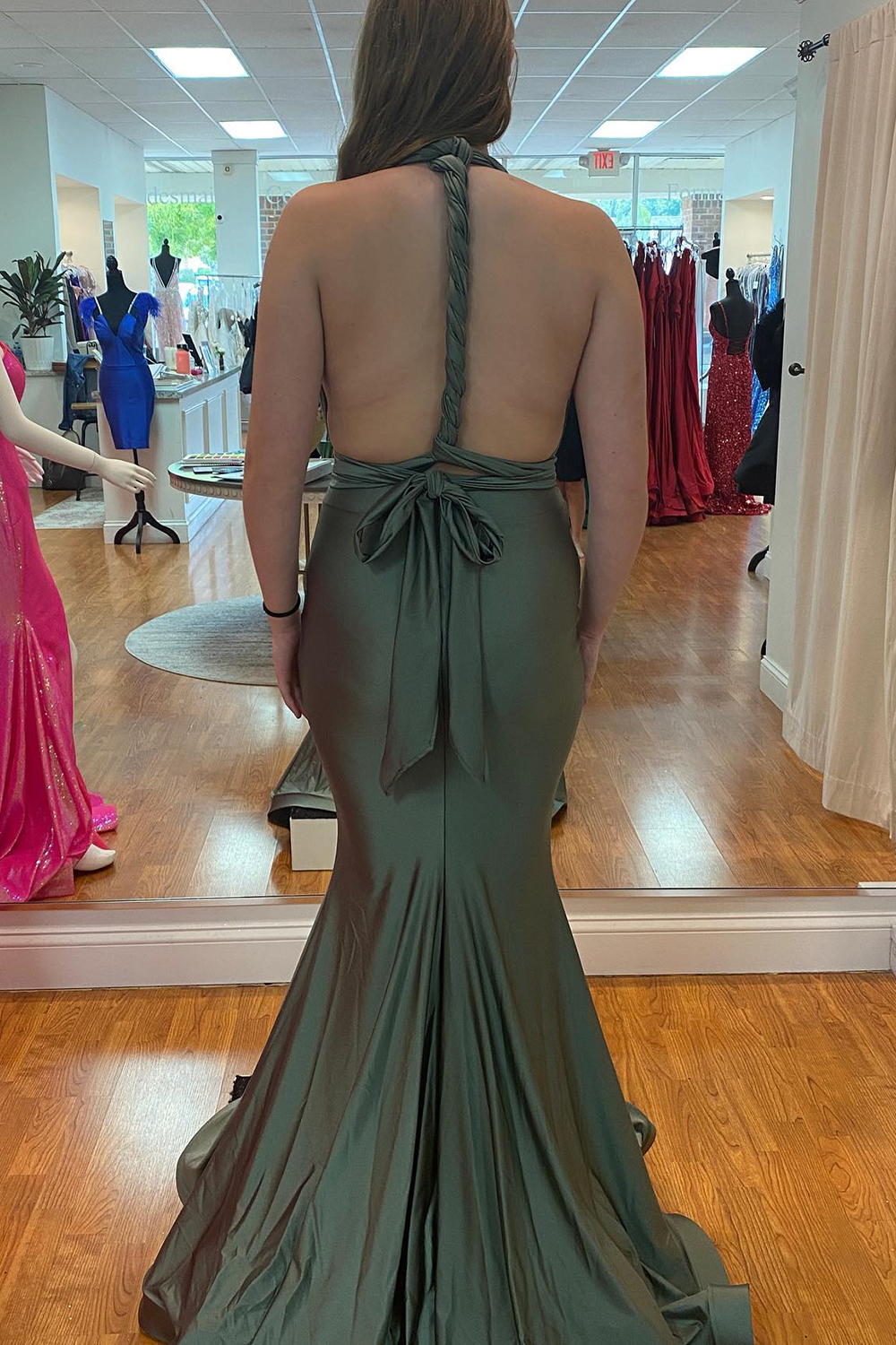 Mermaid Plunging Neckline Sleeveless Floor-length Stretch Satin Evening Dress With Bow 5