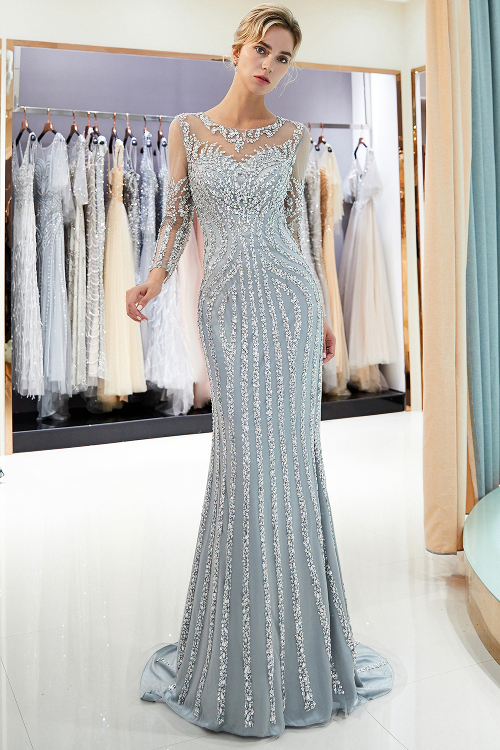 Mermaid Jewel Neck Long Sleeves Court Train Stretch Satin Formal Dress With Sequins 5