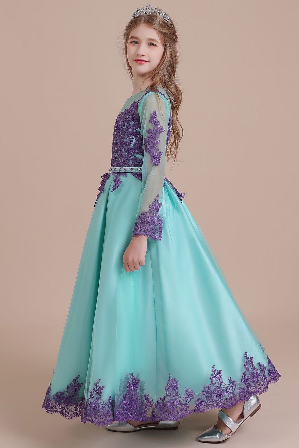 A-line Jewel Neck Long Sleeves Ankle-length Tulle Flower Girl Dress With Rhinestone 4