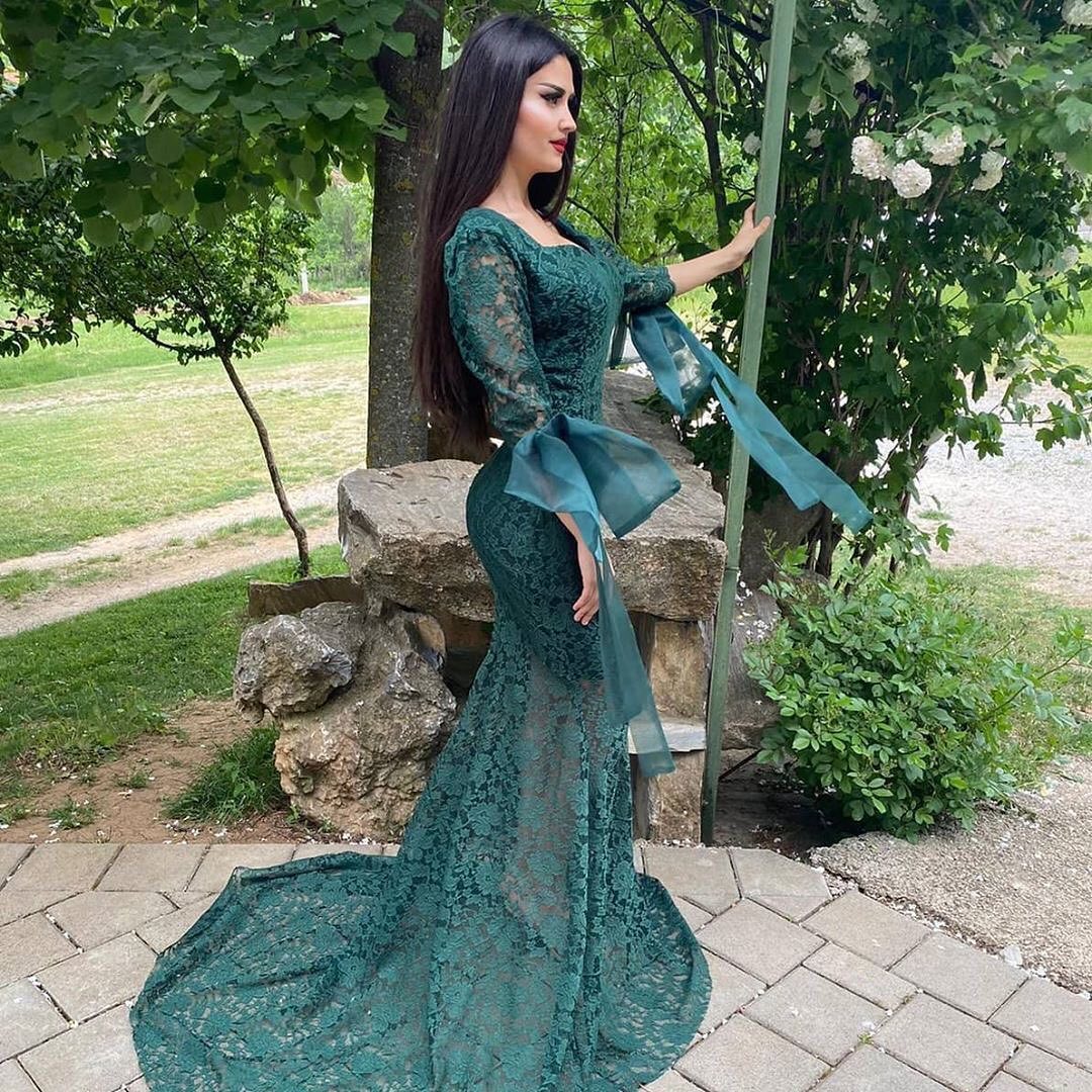 Mermaid Sweetheart Neck Long Sleeves Sweep / Brush Train Lace Evening Dress With Ruffles 3