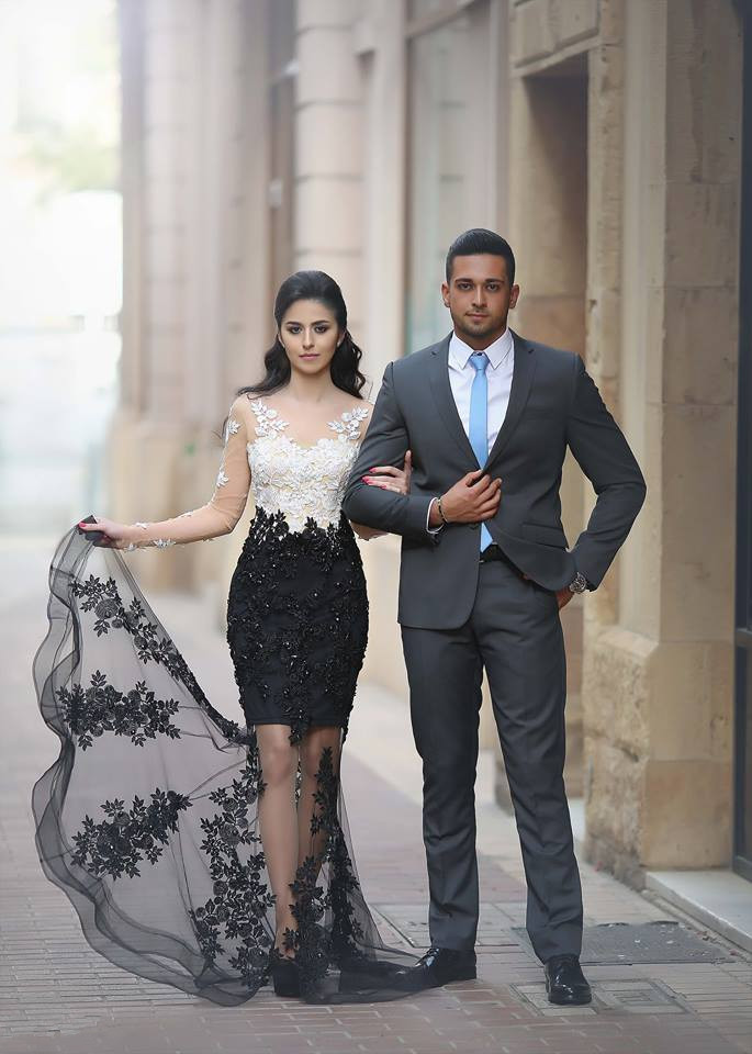 Black and White Lace Long Sleeve Prom Dress 2