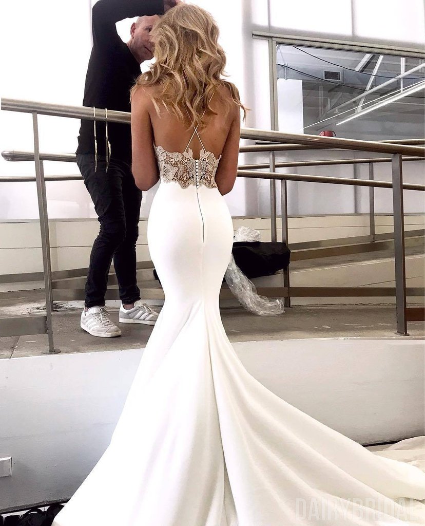 Mermaid Spaghetti Straps Sleeveless Sweep / Brush Train Bridal Attire With Appliques 2