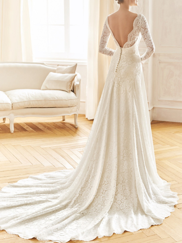 Mermaid Long Sleeves Sweep / Brush Train Lace Wedding Dress With Lace 2