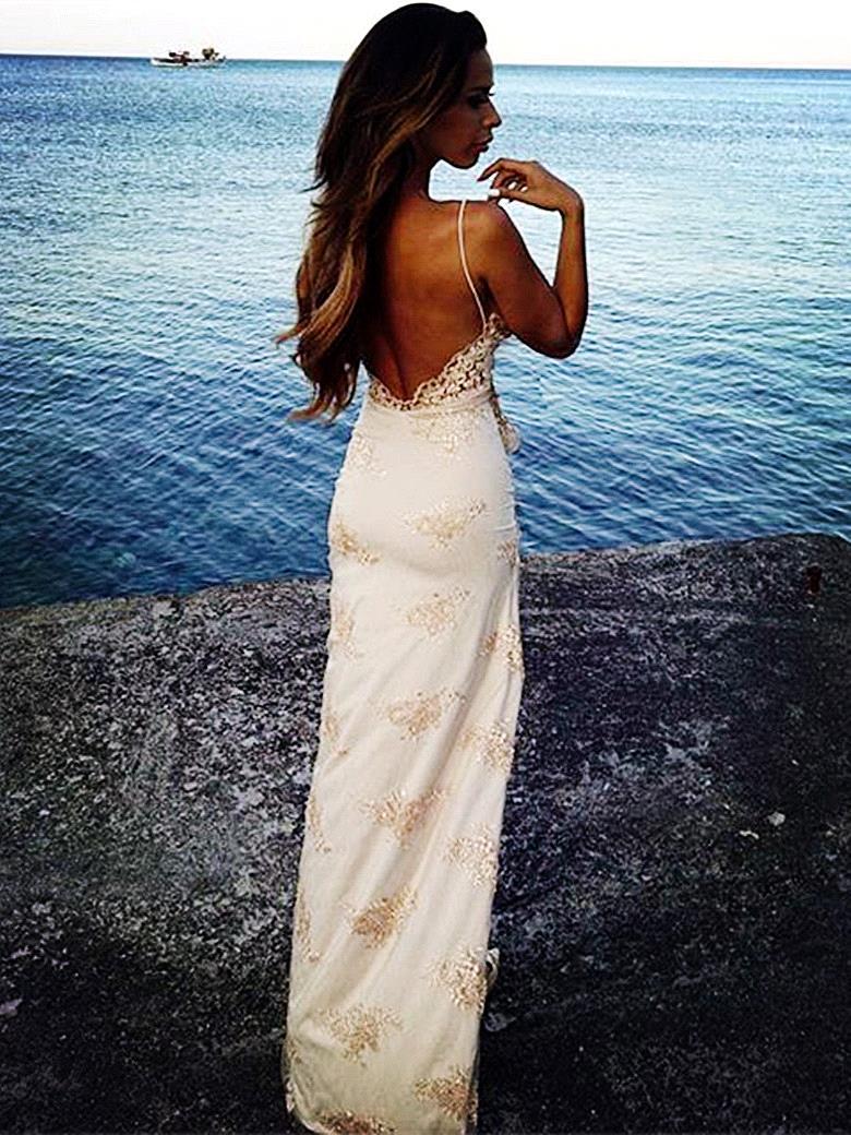 Column Spaghetti Straps Sleeveless Floor-length Evening Dress With Lace 4