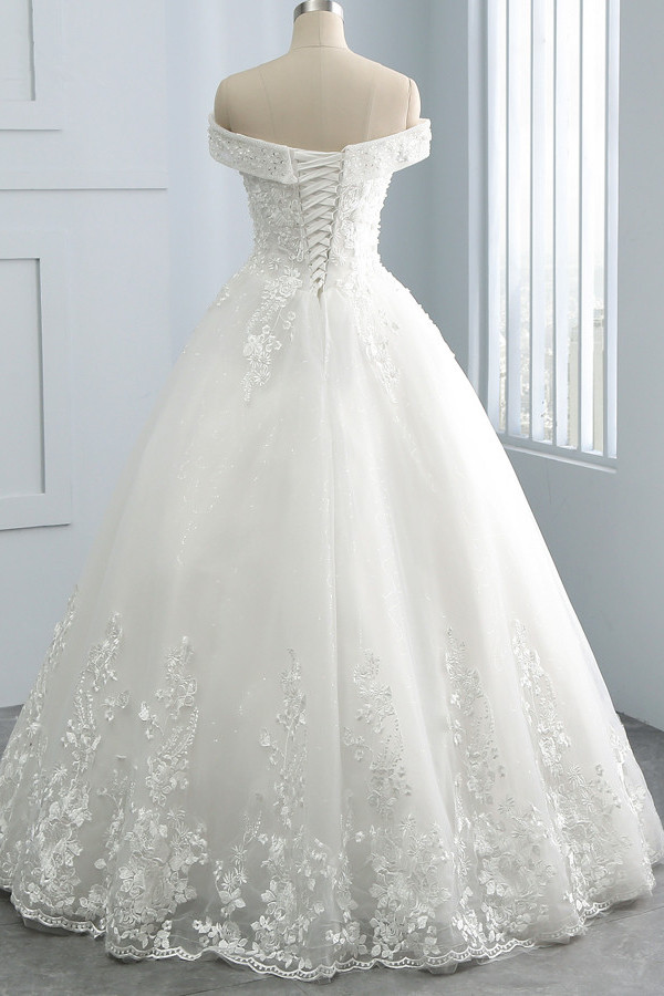 A-line Off-the-shoulder Sweetheart Neck Sleeveless Floor-length Tulle Bridal Dress With Sequins 2