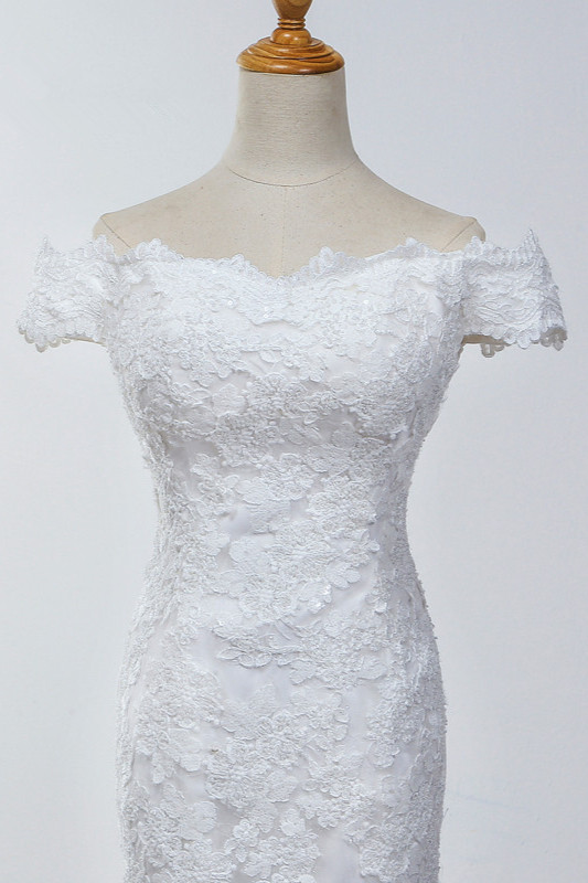Mermaid Off-the-shoulder Short Sleeves Floor-length Tulle Wedding Dress With Appliques 5