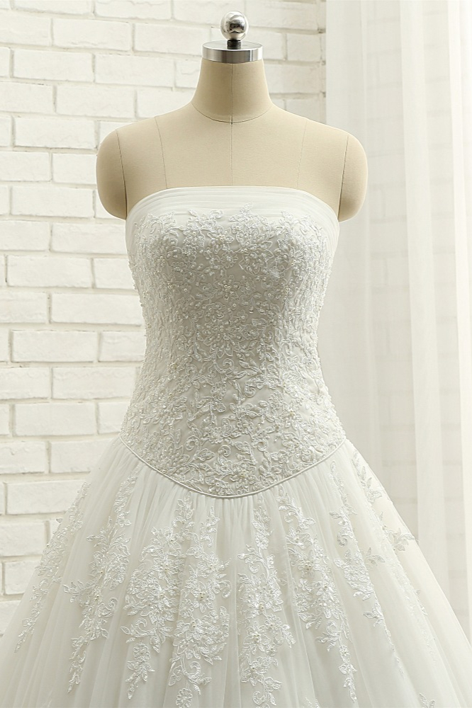 White Tulle A-Line Wedding Dress with Bateau Neckline and Ruffles 4