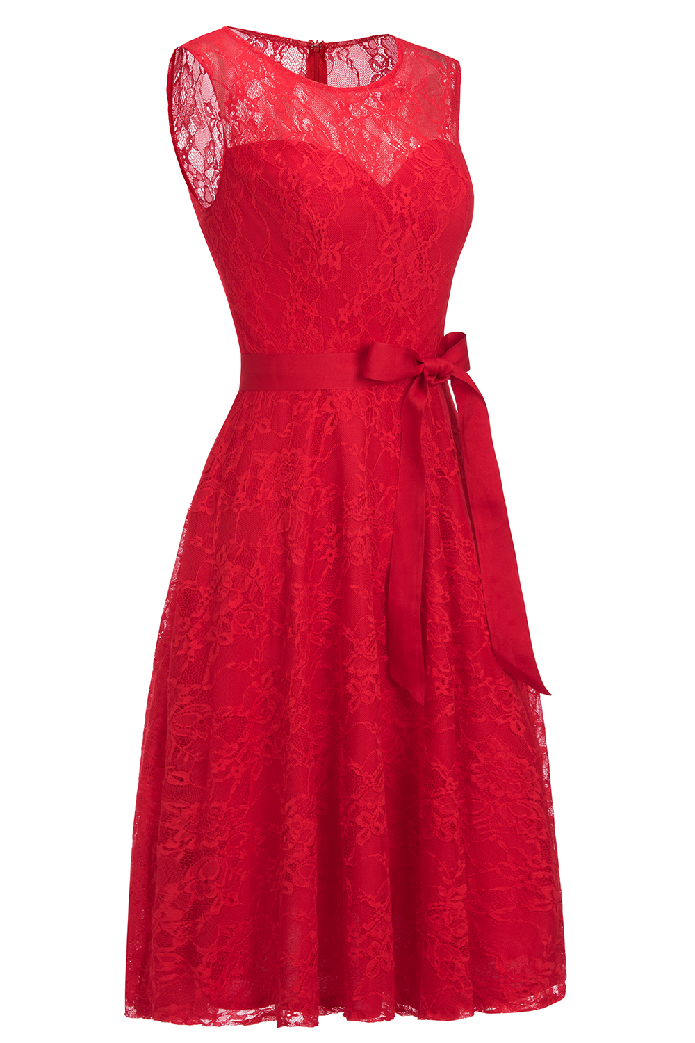 A-line Jewel Neck Sleeveless Knee-length Lace Bridesmaid Dress With Ribbons 10