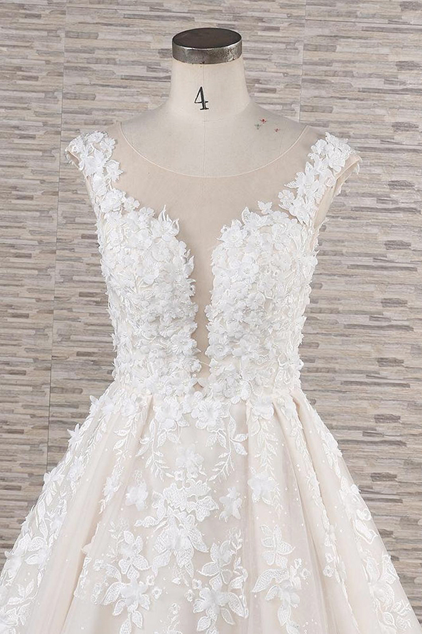 A-line Jewel Neck Sleeveless Chapel Train Tulle Bridal Gown With Appliques 4