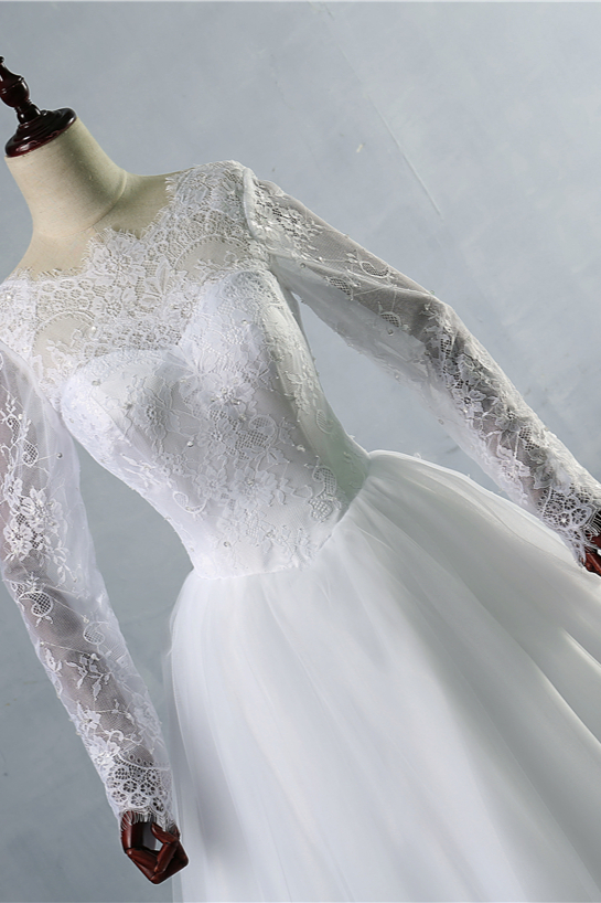 A-line Jewel Neck Long Sleeves Floor-length Tulle Bridal Dress With Appliques 5