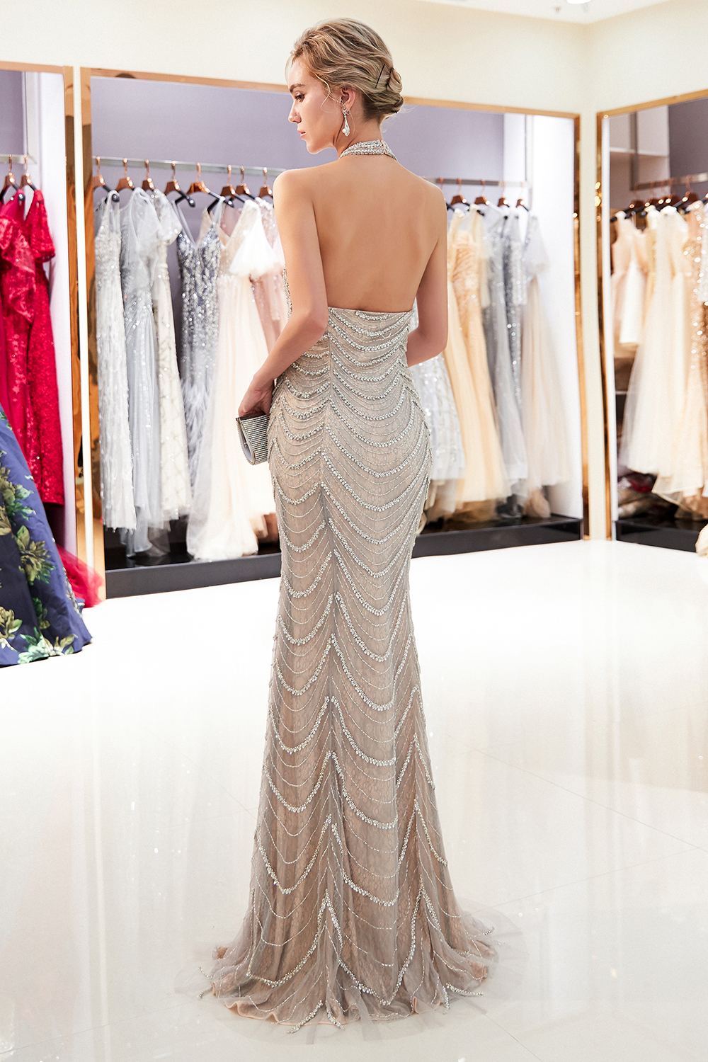 Mermaid Halter-neck Sleeveless Sweep / Brush Train Tulle Evening Dress With Pattern 2