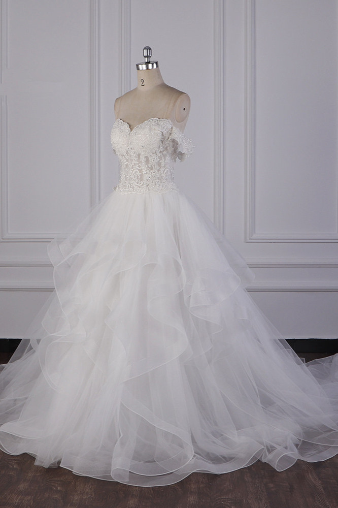 A-line Off-the-shoulder Sweetheart Neck Sleeveless Floor-length Tulle Bridal Dress With Ruffles 3