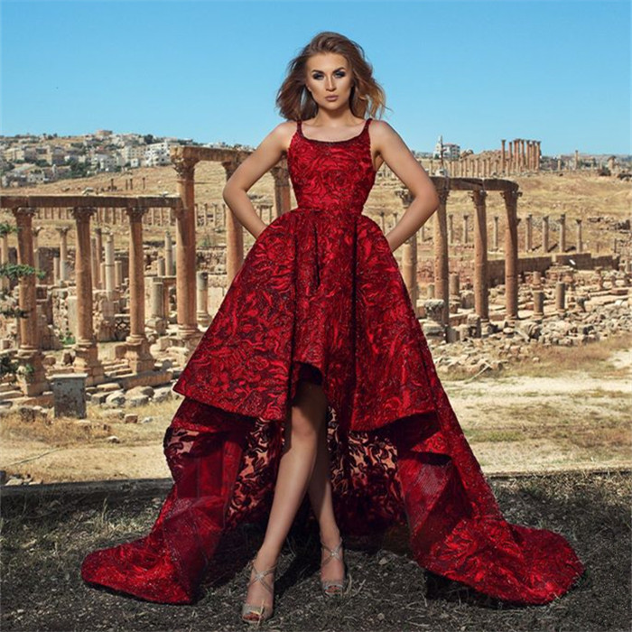 A-line Straps Sleeveless Hi-Lo Evening Dress With Lace 2
