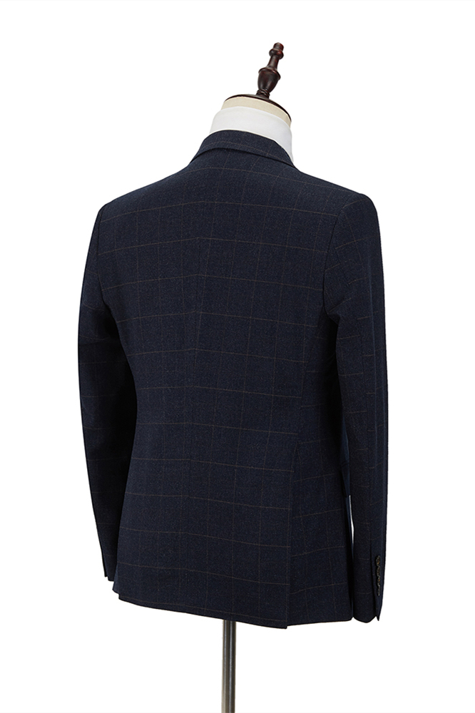 Dark Navy Plaid Single Breasted Men's Suit with Double Breasted Waistcoat 2