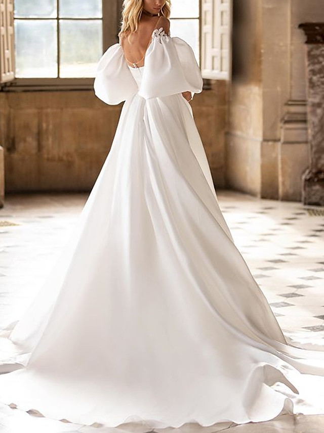 A-line Half-Sleeves Tulle Bridal Gown With Sweep / Brush Train 2
