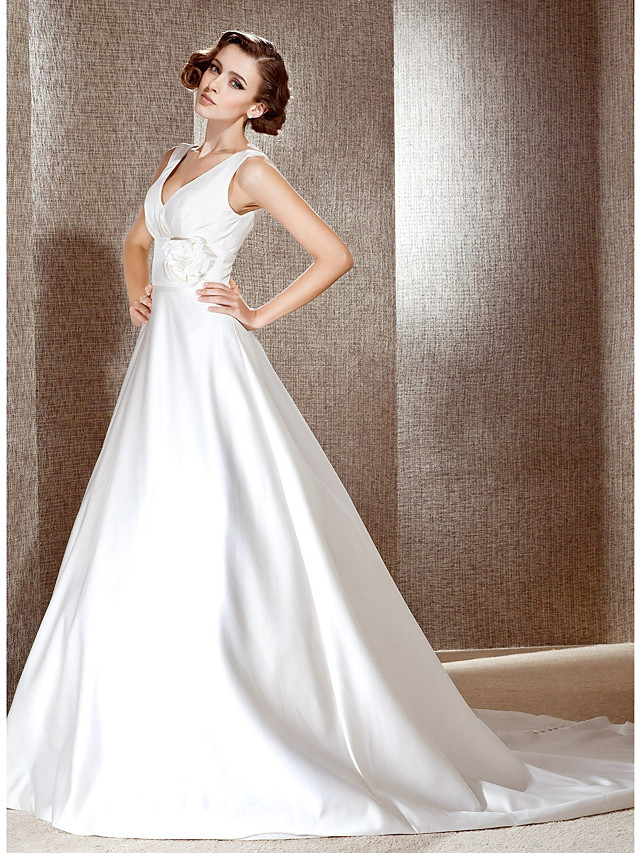 A-line V-neck Sleeveless Tulle Wedding Gown With Cathedral Train 2