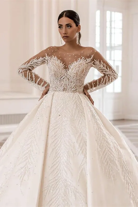 A-line Jewel Neck Long Sleeves Chapel Train Satin Bridal Gown With Crystal 1