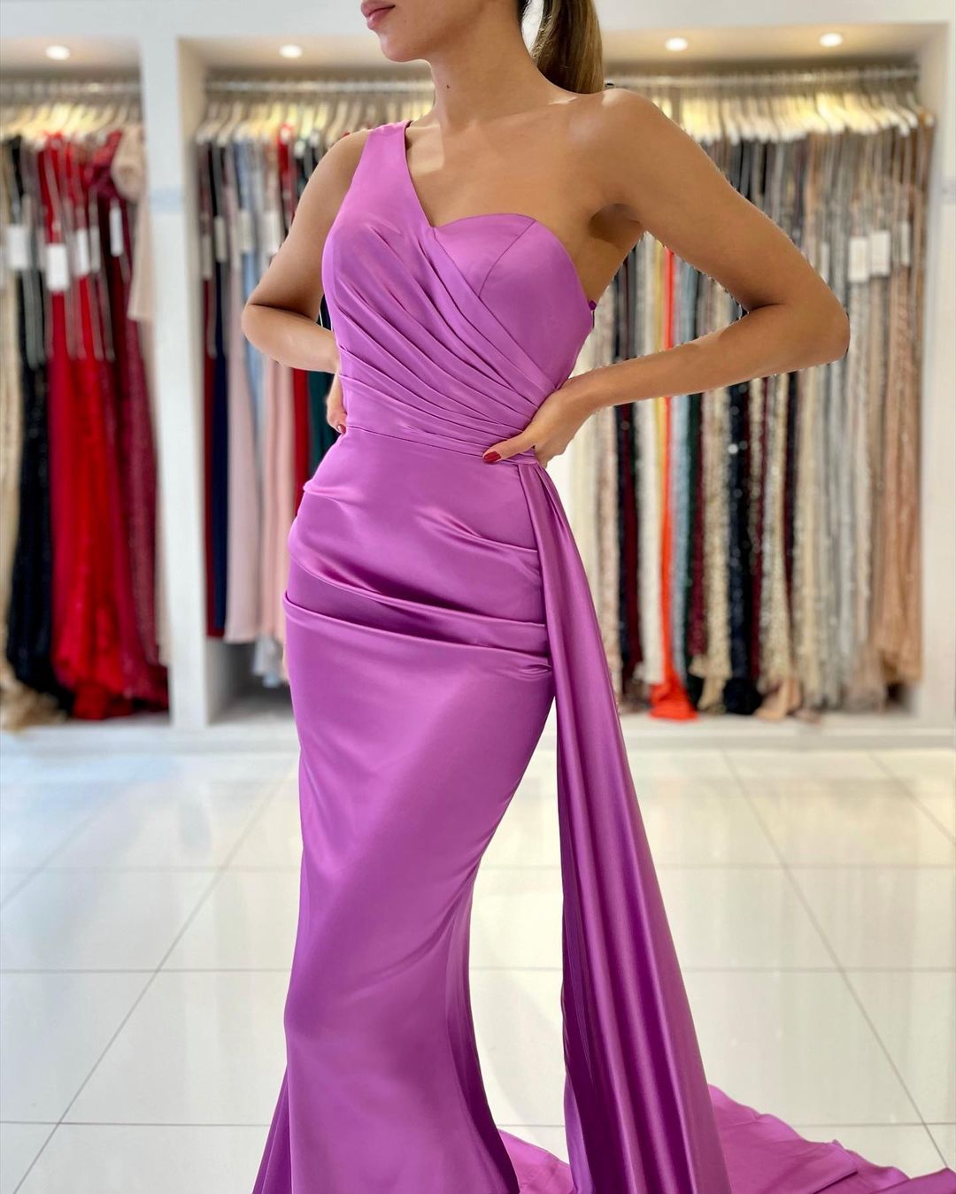 Mermaid One Shoulder Sleeveless Floor-length Stretch Satin Formal Dress With Ruffles 4