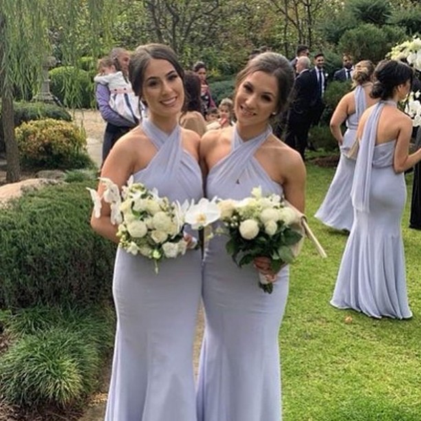 Column Halter-neck Floor-length 100D Chiffon Bridesmaid Dress 2