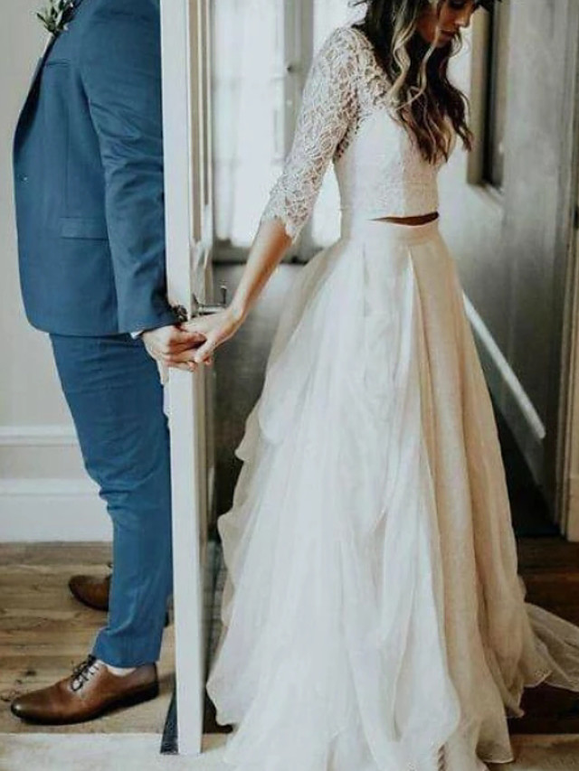 A-line V-neck Sweep / Brush Train Tulle Wedding Gown With Lace 1