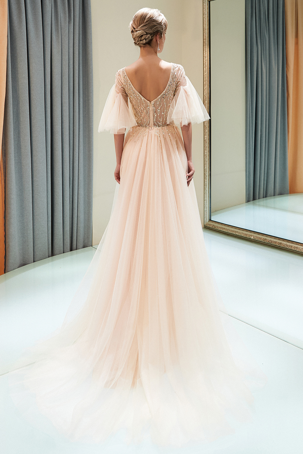 A-line V-neck Half-Sleeves Court Train Tulle Evening Gown With Beading 2