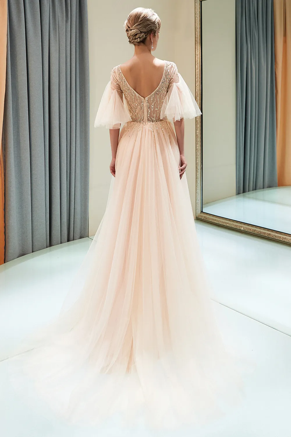 A-line V-neck Half-Sleeves Court Train Tulle Evening Gown With Beading 2