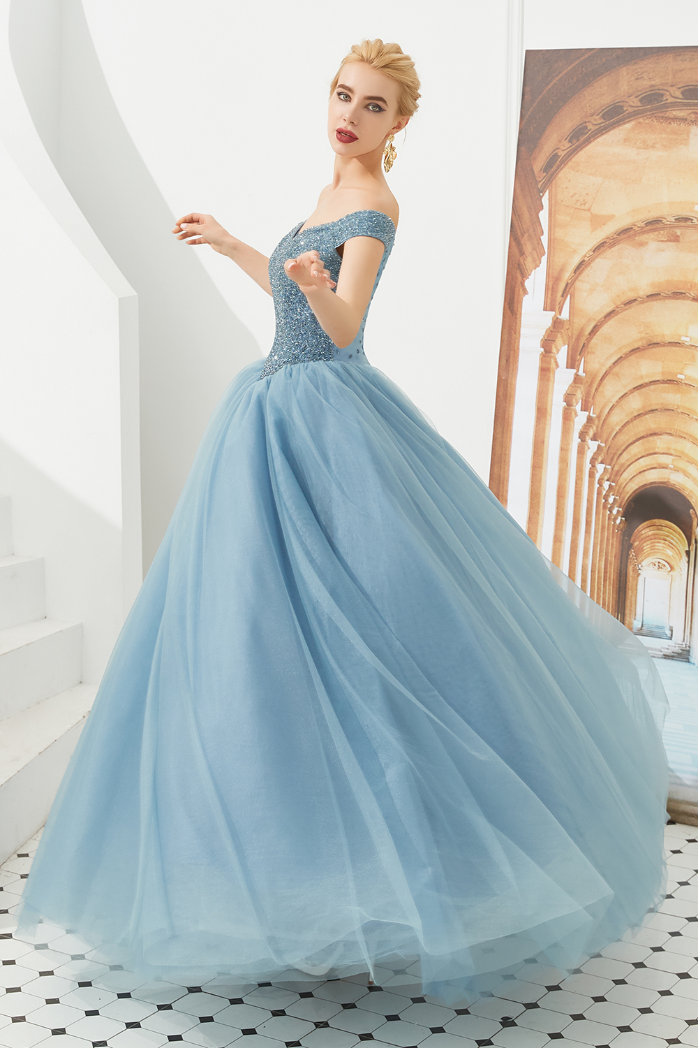 Off-the-shoulder Cap Sleeves Sweep / Brush Train Tulle Formal Dress With Beading 16