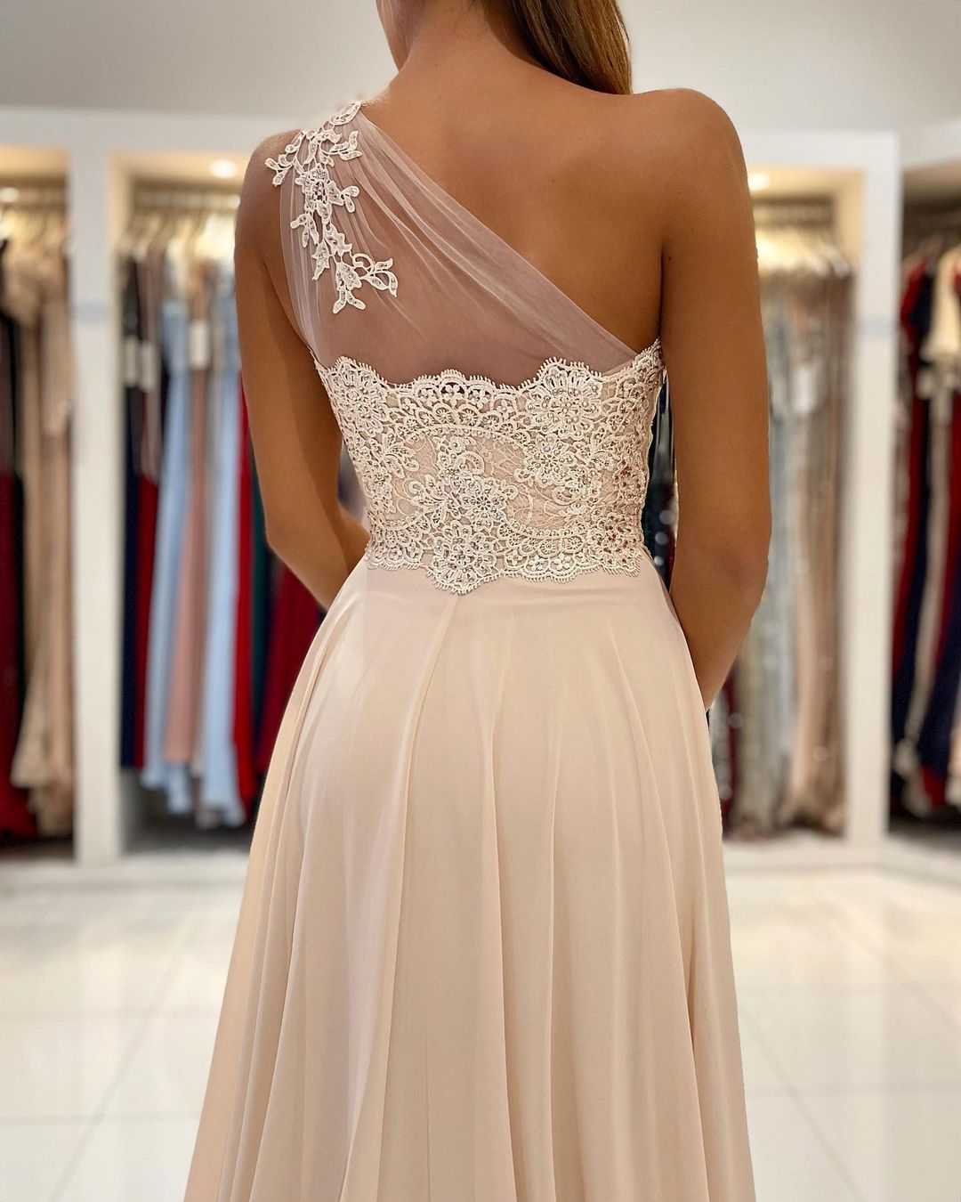 Straps One Shoulder Sleeveless Floor-length 100D Chiffon Evening Gown With Ruffles 5