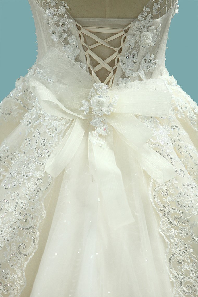 Ball Gown Jewel Neck Sleeveless Floor-length Tulle Wedding Dress With Bow 5
