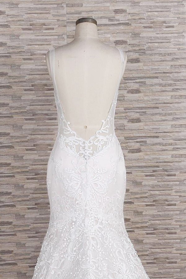 Mermaid Spaghetti Straps Sleeveless Chapel Train Tulle Wedding Gown With Lace 6