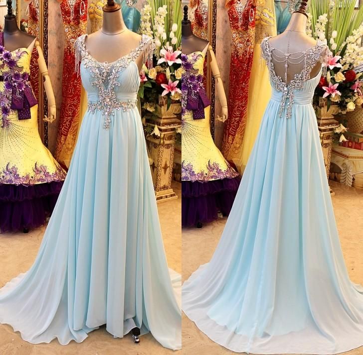 A-line Sleeveless Sweep / Brush Train 100D Chiffon Formal Dress With Crystal 2