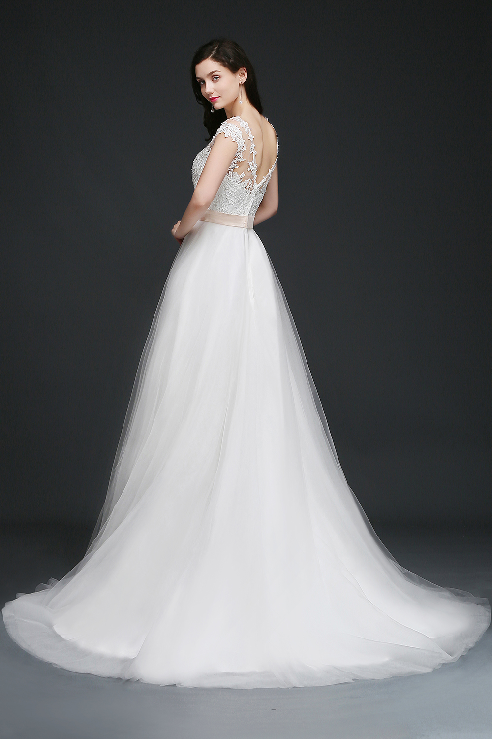 A-line Scoop Neck Sleeveless Chapel Train Tulle Bridal Gown With Ribbons 4