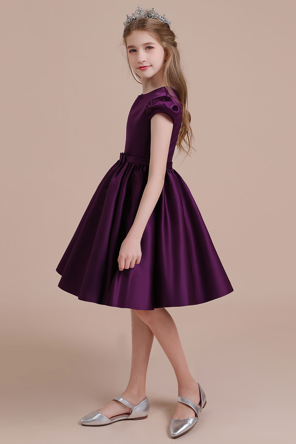 A-line Jewel Neck Sleeveless Knee-length Satin Flower Girl Dress With Ribbons 3