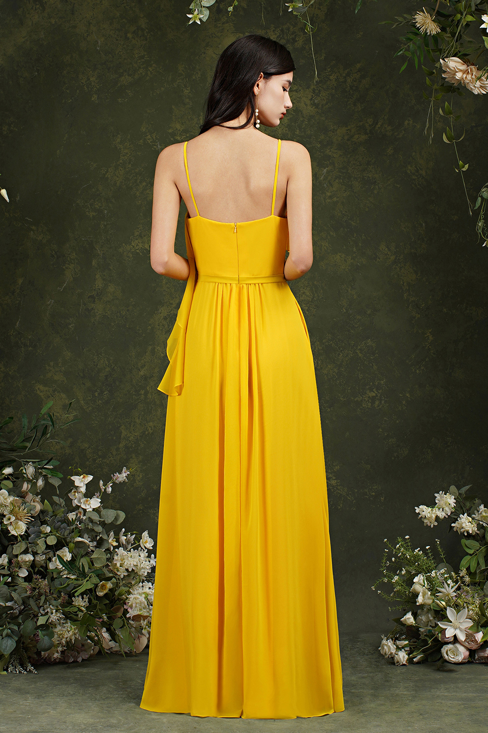 A-line Spaghetti Straps Sleeveless Floor-length 100D Chiffon Bridesmaid Dress With Pockets 2