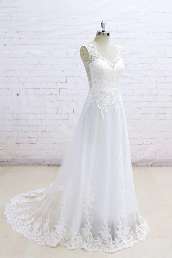 A-line V-neck Sleeveless Sweep / Brush Train Tulle Bridal Gown With Lace 3