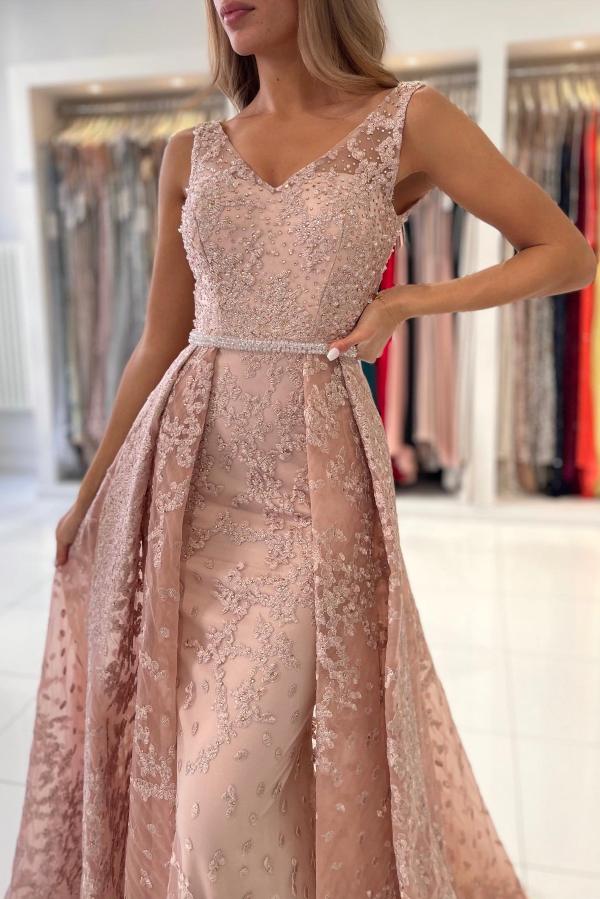 A-line V-neck Sleeveless Floor-length Lace Formal Dress With Ruffles 6