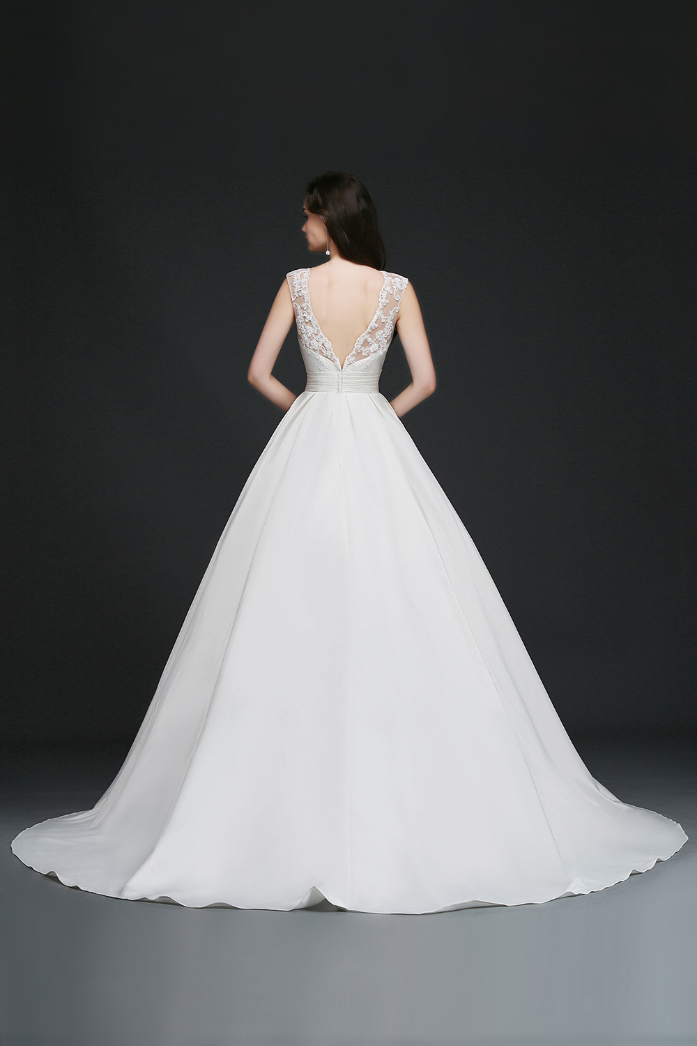 A-line Jewel Neck Sleeveless Court Train Satin Bridal Dress With Lace 2