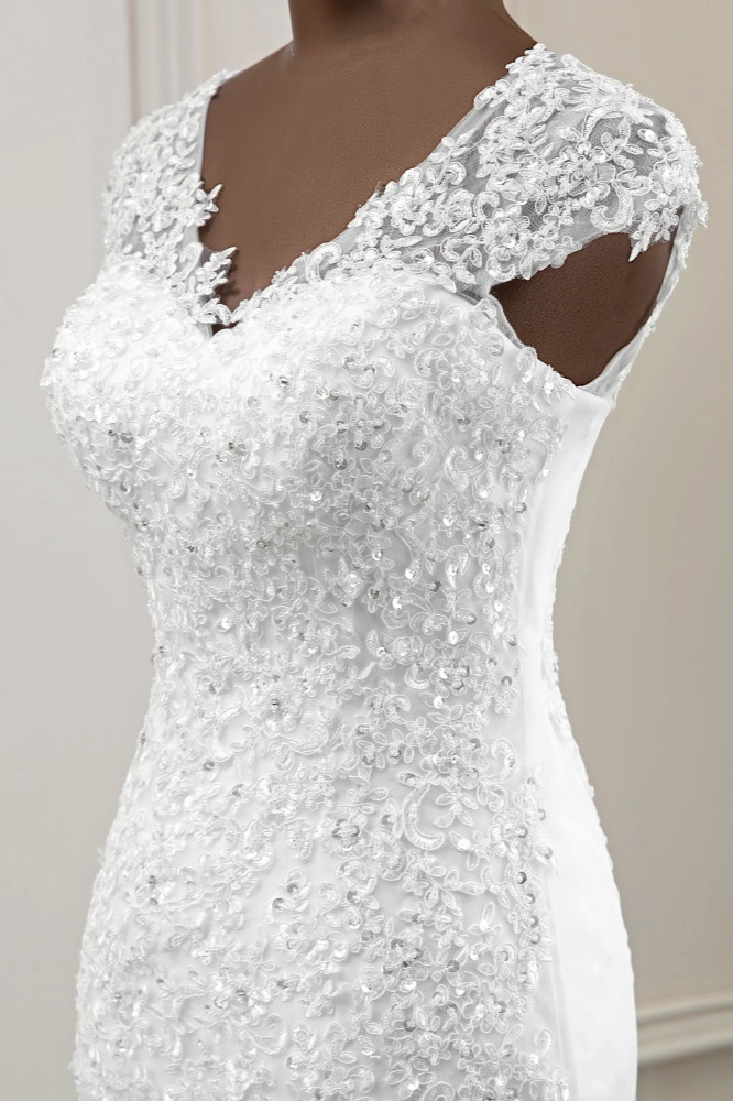Mermaid V-neck Sleeveless Floor-length Tulle Wedding Dress With Lace 7