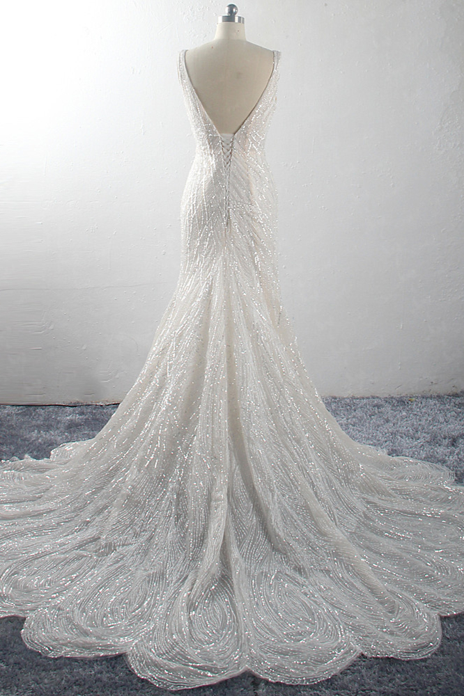 Mermaid Plunging Neckline Sleeveless Floor-length Tulle Bridal Dress With Sequins 2
