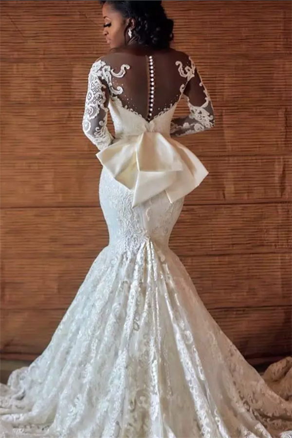 Mermaid Jewel Neck Court Train Wedding Gown With Lace 2
