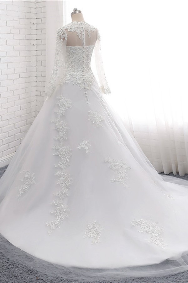 A-line Jewel Neck Long Sleeves Floor-length Tulle Wedding Dress With Lace 4