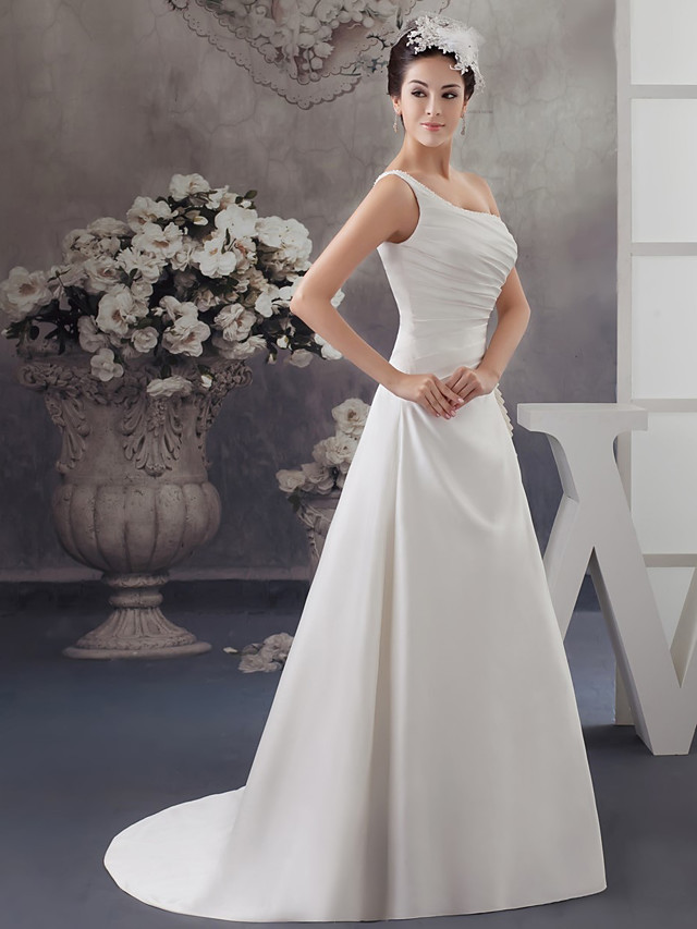 A-line One Shoulder Sleeveless Tulle Wedding Gown With Sweep / Brush Train 2